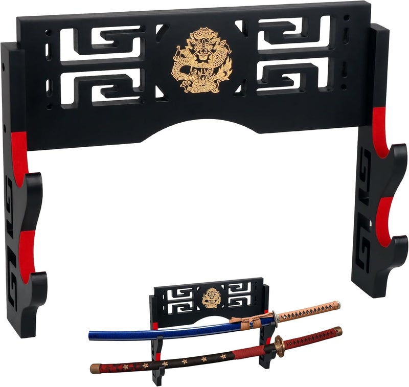 Alyoen Sword Display Katana Wall Mount, 2-Tier Samurai Sword Katana Holder Stand with Velvet Padded Hook & Dragon Pattern, Sword Rack for Wakizashi Samurai Lightsaber - Image 1
